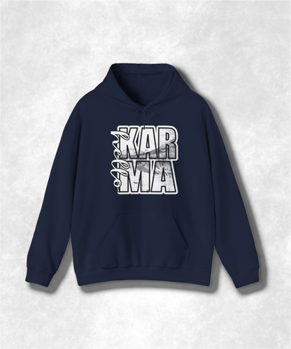 HELLO Karma Winter Hoodie Sweatshirt, Cozy Unisex Graphic Pullover, Positive Vibes Streetwear, Casual Warm Hooded Sweater, Gift Idea