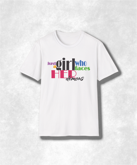 Just a Girl Who Faces Her Demons T-Shirt, Women's Graphic Tee, Personalized Demon Slayer Shirt, Inspirational Quote Top, Cute Mental Health