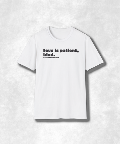 Christian T-Shirt Love is Patient Kind 1 Corinthians 13:4 Bible Verse Tee Faith-Based Graphic Tee Inspirational Religious Apparel Unisex
