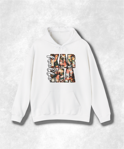 HELLO Karma Spring Hoodie Sweatshirt, Unisex Cozy Pullover, Positive Vibes Graphic Sweatshirt, Casual Streetwear, Gift for Her, Boho Style