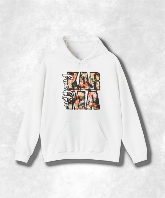HELLO Karma Spring Hoodie Sweatshirt, Unisex Cozy Pullover, Positive Vibes Graphic Sweatshirt, Casual Streetwear, Gift for Her, Boho Style