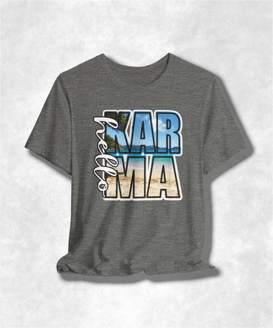 HELLO Karma Summer T-Shirt, Women's Graphic Tee, Positive Vibes Shirt, Casual Boho Top, Inspirational Clothing, Summer Fashion Gift
