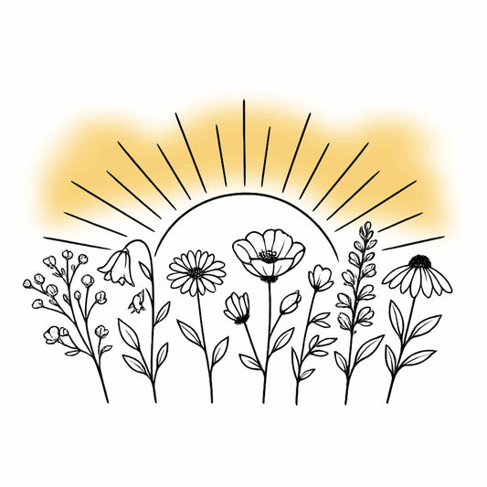 Minimal Wildflower Line Art Tee | Gold Sunrise Halo