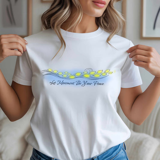 Let Movement Be Your Peace petals line art T-Shirt | floating floral waves
