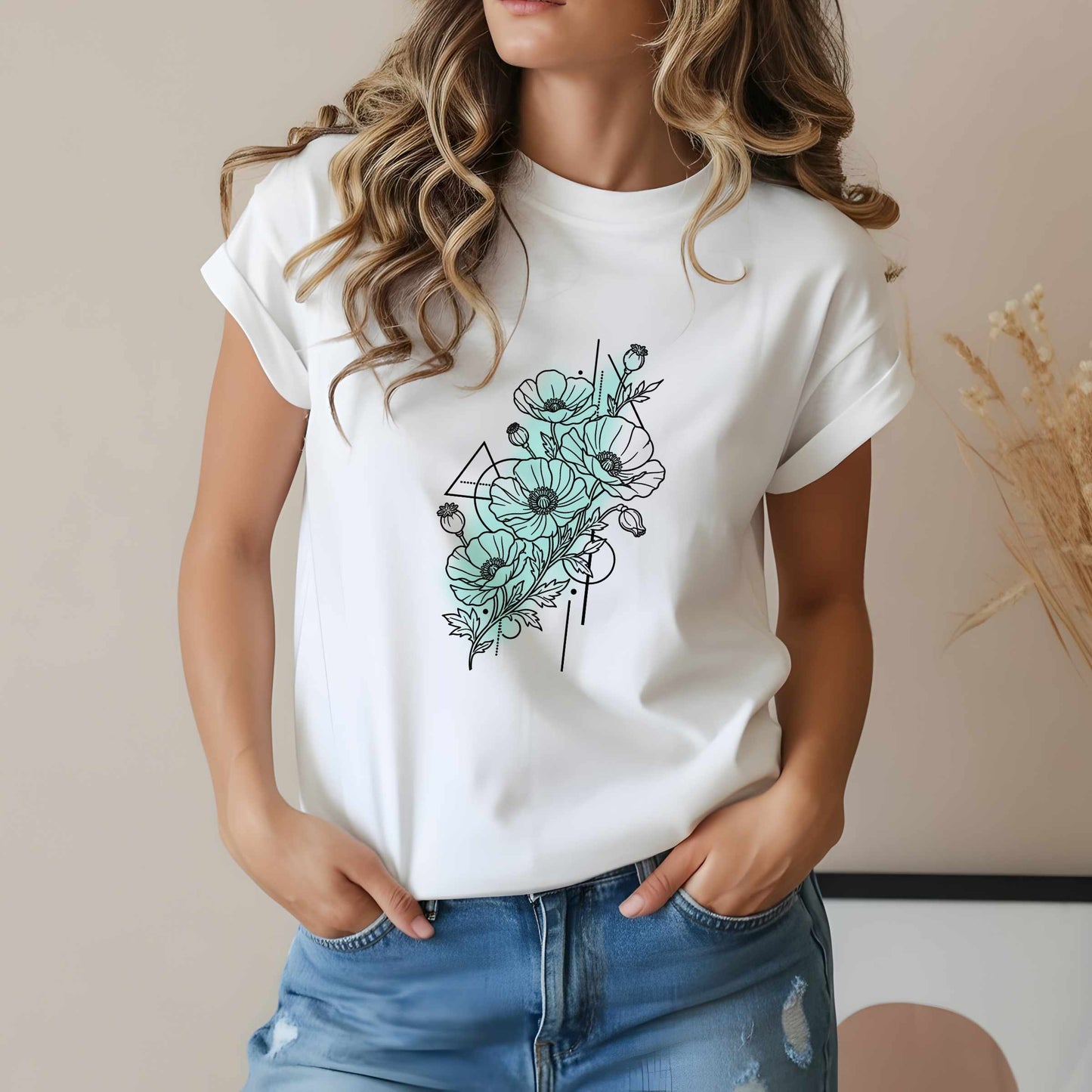 Floral Line Art T-Shirt — Minimal Poppy Bouquet Graphic Tee