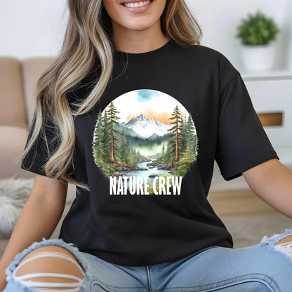Mountain Lake Forest Nature Crew Tee | Scenic Outdoors Landscape T-Shirt