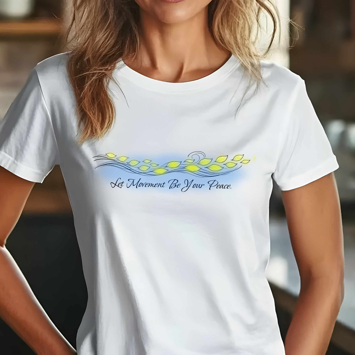 Let Movement Be Your Peace petals line art T-Shirt | floating floral waves