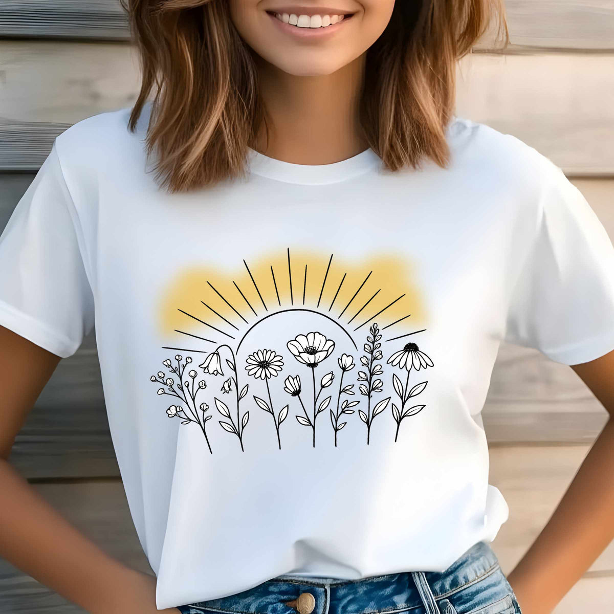 Minimal Wildflower Line Art Tee | Gold Sunrise Halo
