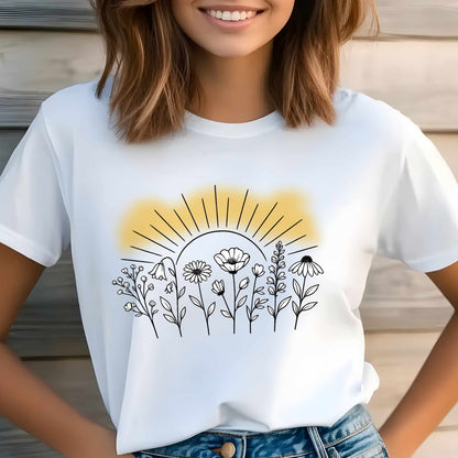 Minimal Wildflower Line Art Tee | Gold Sunrise Halo