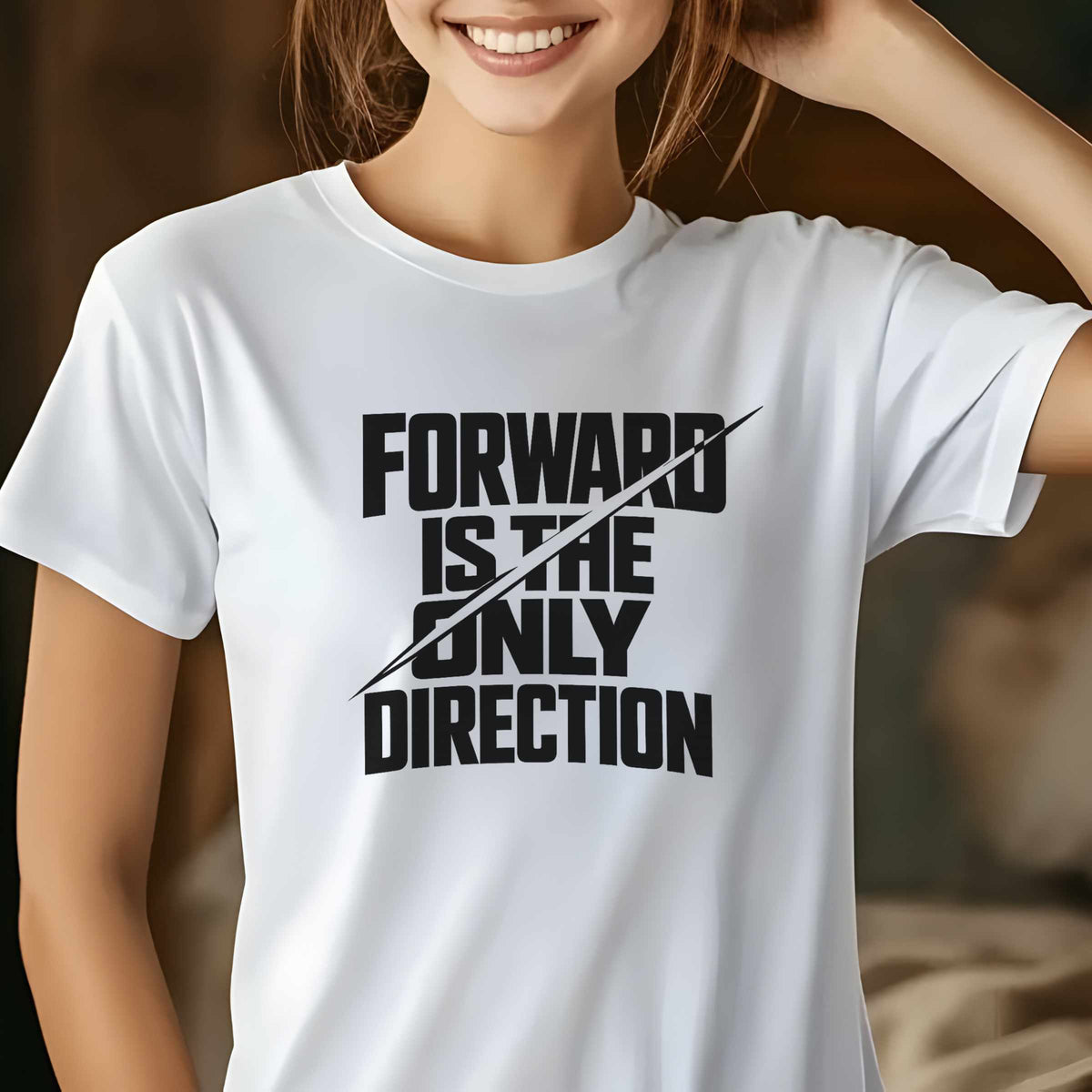 Forward Is the Only Direction T-Shirt | Bold Block Lettering, Diagonal Slash
