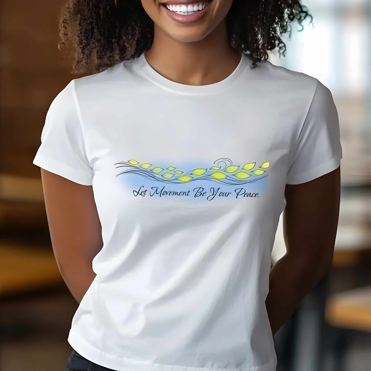 Let Movement Be Your Peace petals line art T-Shirt | floating floral waves