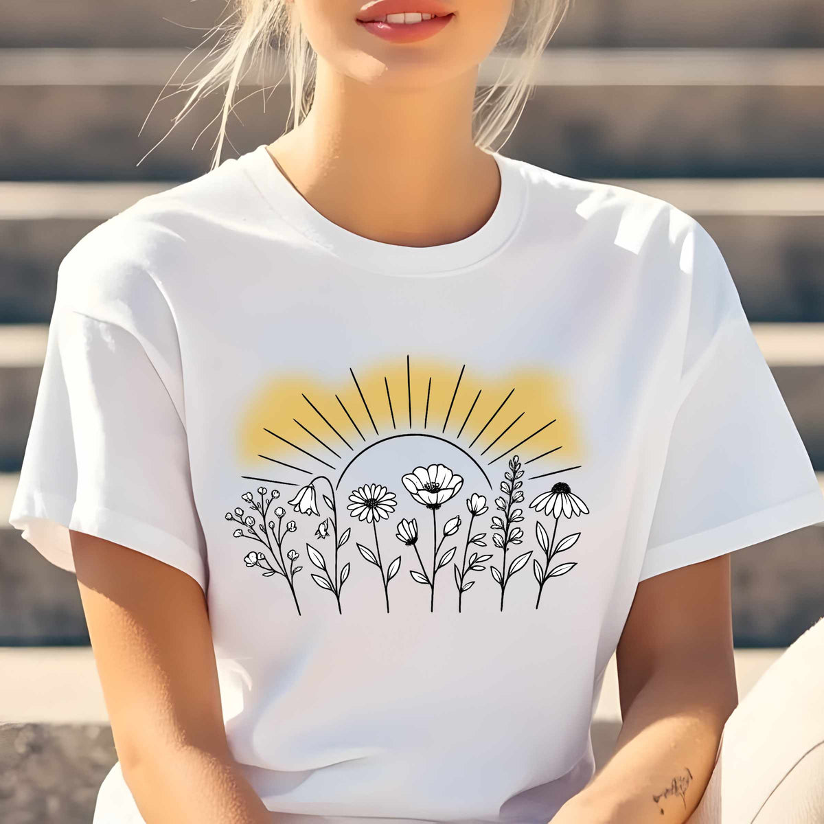 Minimal Wildflower Line Art Tee | Gold Sunrise Halo