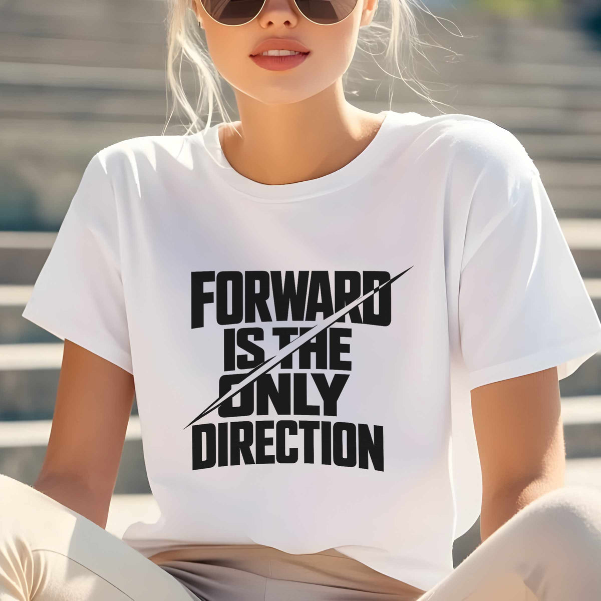 Forward Is the Only Direction T-Shirt | Bold Block Lettering, Diagonal Slash