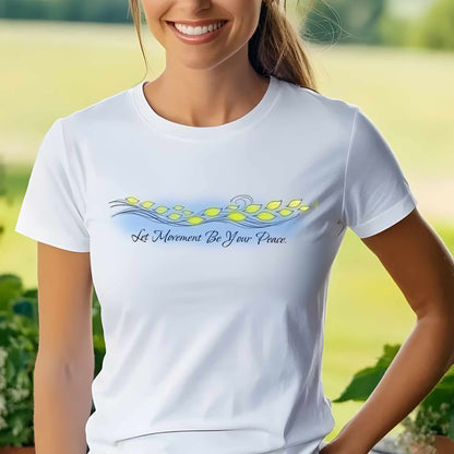 Let Movement Be Your Peace petals line art T-Shirt | floating floral waves