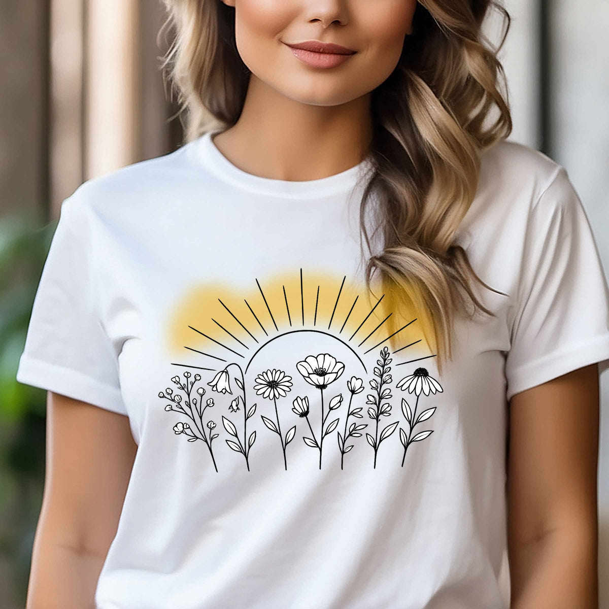 Minimal Wildflower Line Art Tee | Gold Sunrise Halo