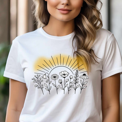 Minimal Wildflower Line Art Tee | Gold Sunrise Halo