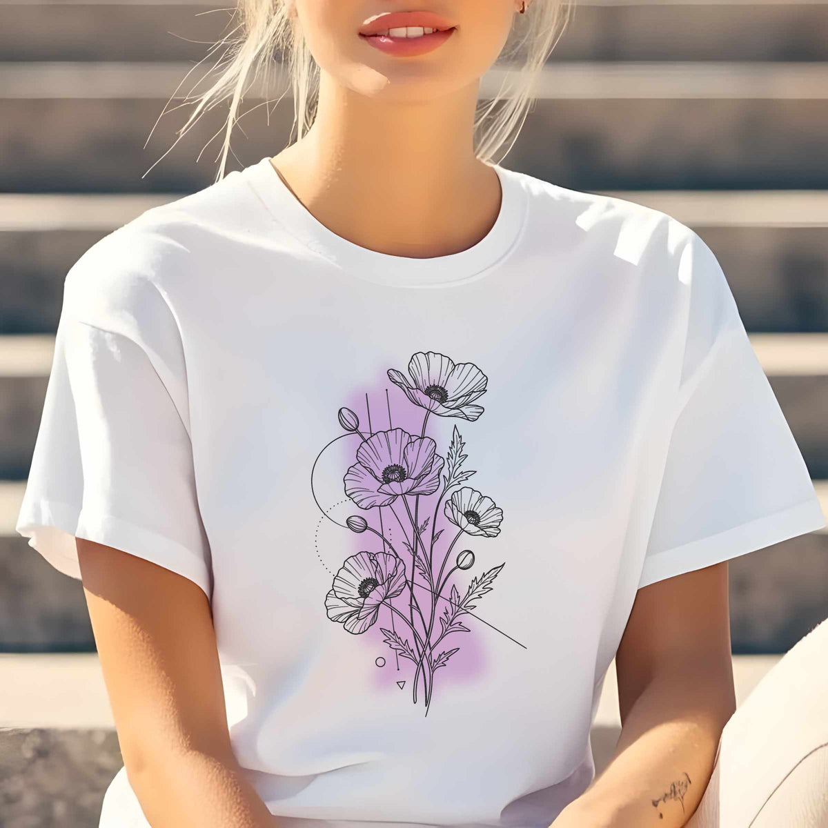 Hand-Drawn Poppy Bouquet Tee | Floral Line Art T-Shirt