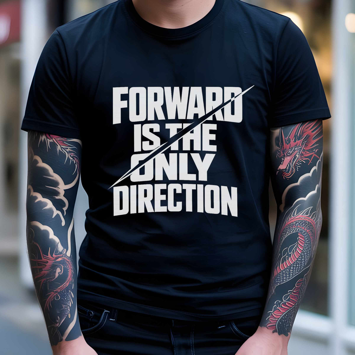 Forward Is the Only Direction T-Shirt | Bold Block Lettering, Diagonal Slash
