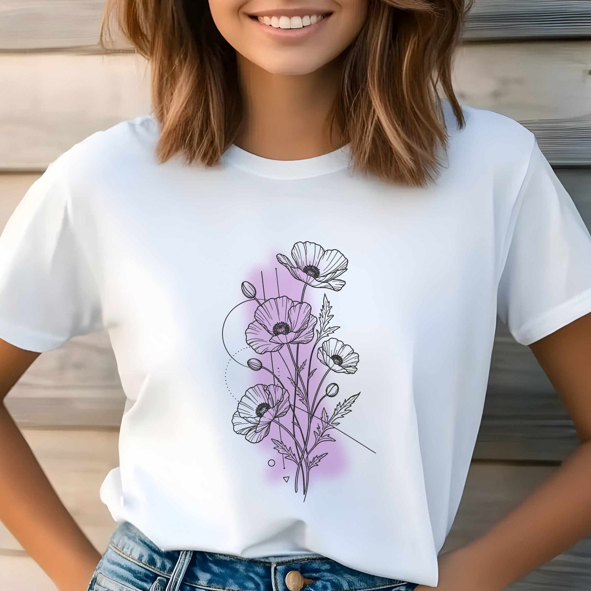 Hand-Drawn Poppy Bouquet Tee | Floral Line Art T-Shirt