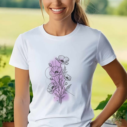 Hand-Drawn Poppy Bouquet Tee | Floral Line Art T-Shirt