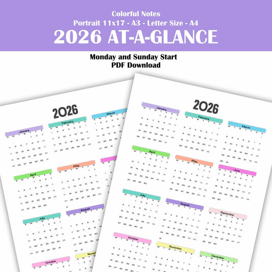 2026 Colorful Note Calendar Printable, Desk Calendar, Year At-A-Glance, PDF Download, A3, 11x17, A4, US Letter Size, Monday and Sunday Start
