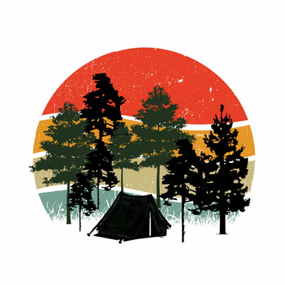 Retro Sunset Camping T-Shirt — Vintage Forest Tent Graphic Tee