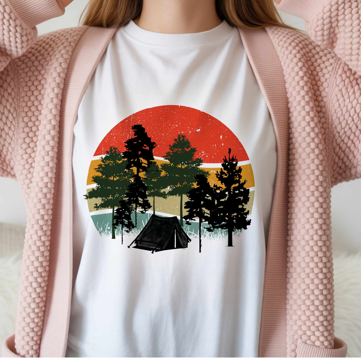 Retro Sunset Camping T-Shirt — Vintage Forest Tent Graphic Tee