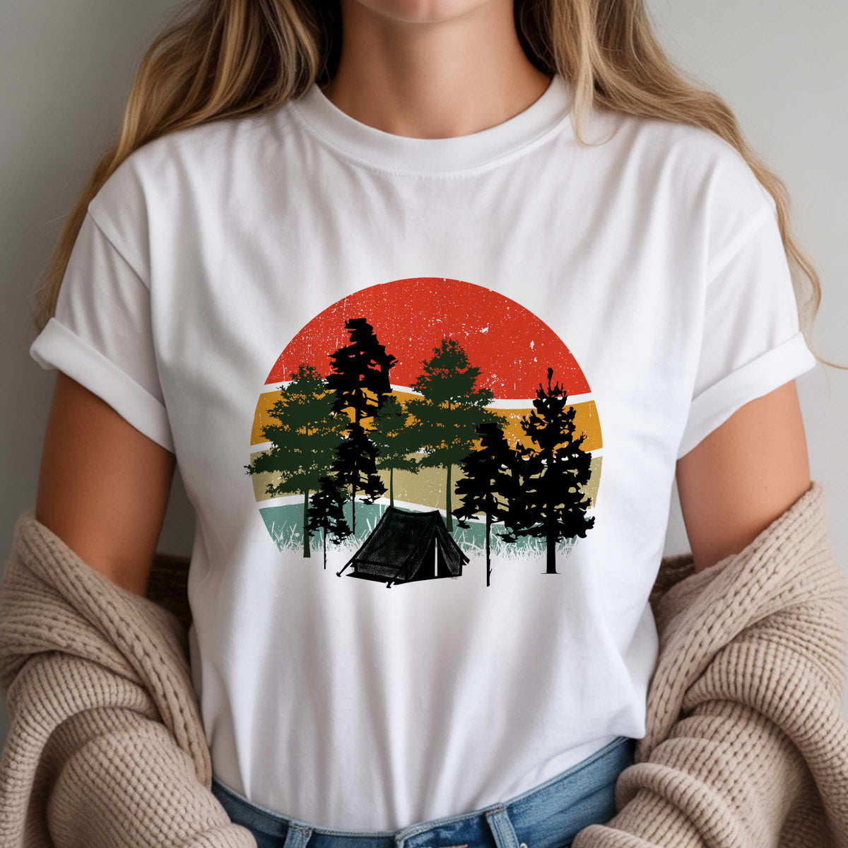 Retro Sunset Camping T-Shirt — Vintage Forest Tent Graphic Tee