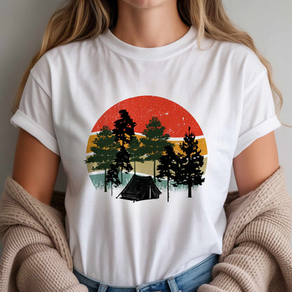 Retro Sunset Camping T-Shirt — Vintage Forest Tent Graphic Tee