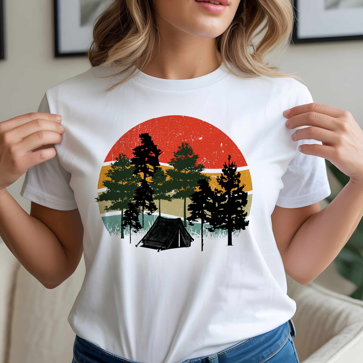 Retro Sunset Camping T-Shirt — Vintage Forest Tent Graphic Tee