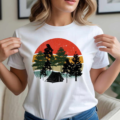 Retro Sunset Camping T-Shirt — Vintage Forest Tent Graphic Tee