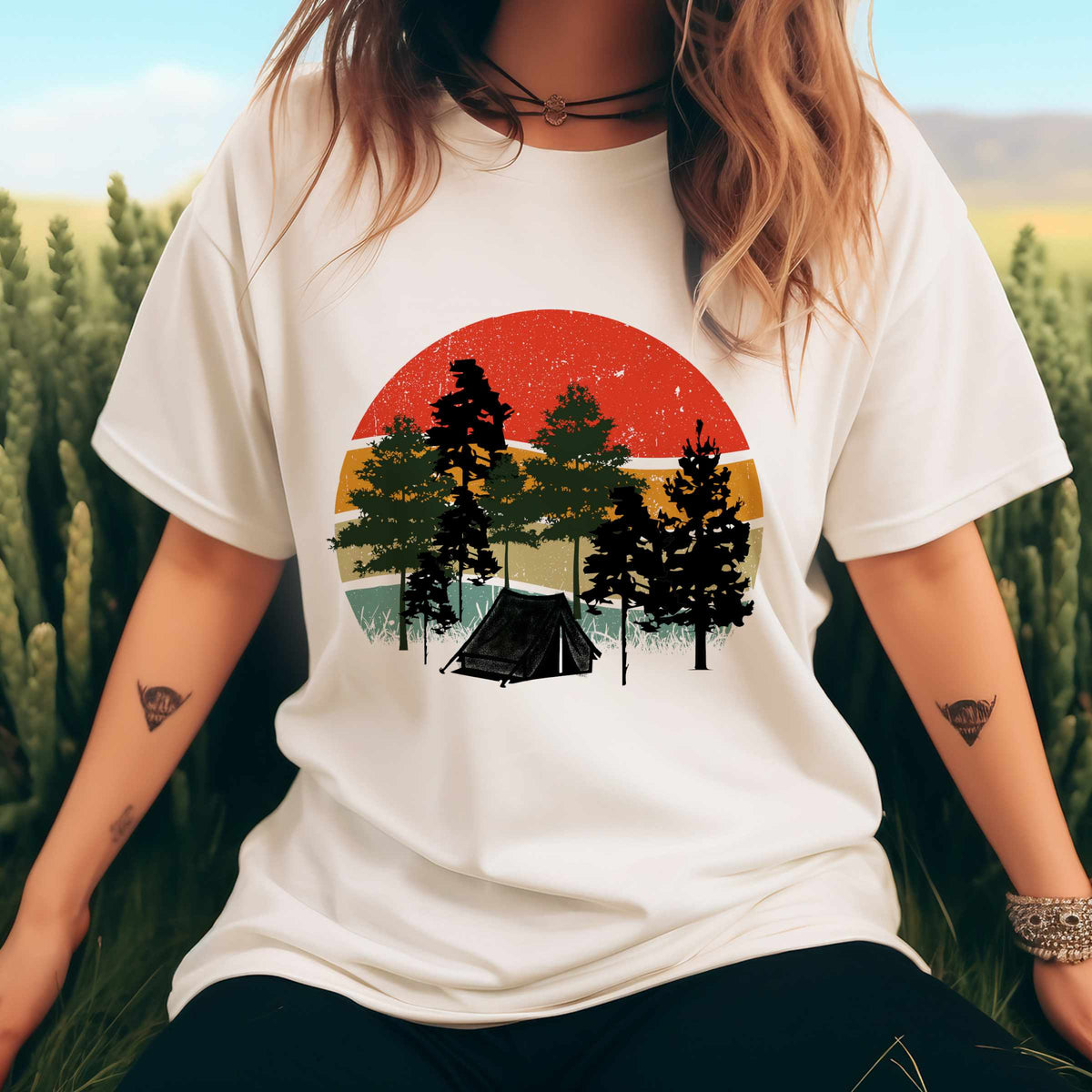 Retro Sunset Camping T-Shirt — Vintage Forest Tent Graphic Tee
