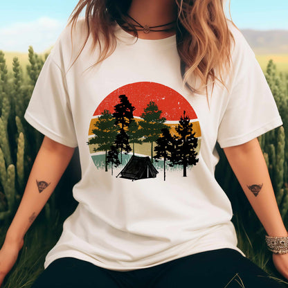 Retro Sunset Camping T-Shirt — Vintage Forest Tent Graphic Tee