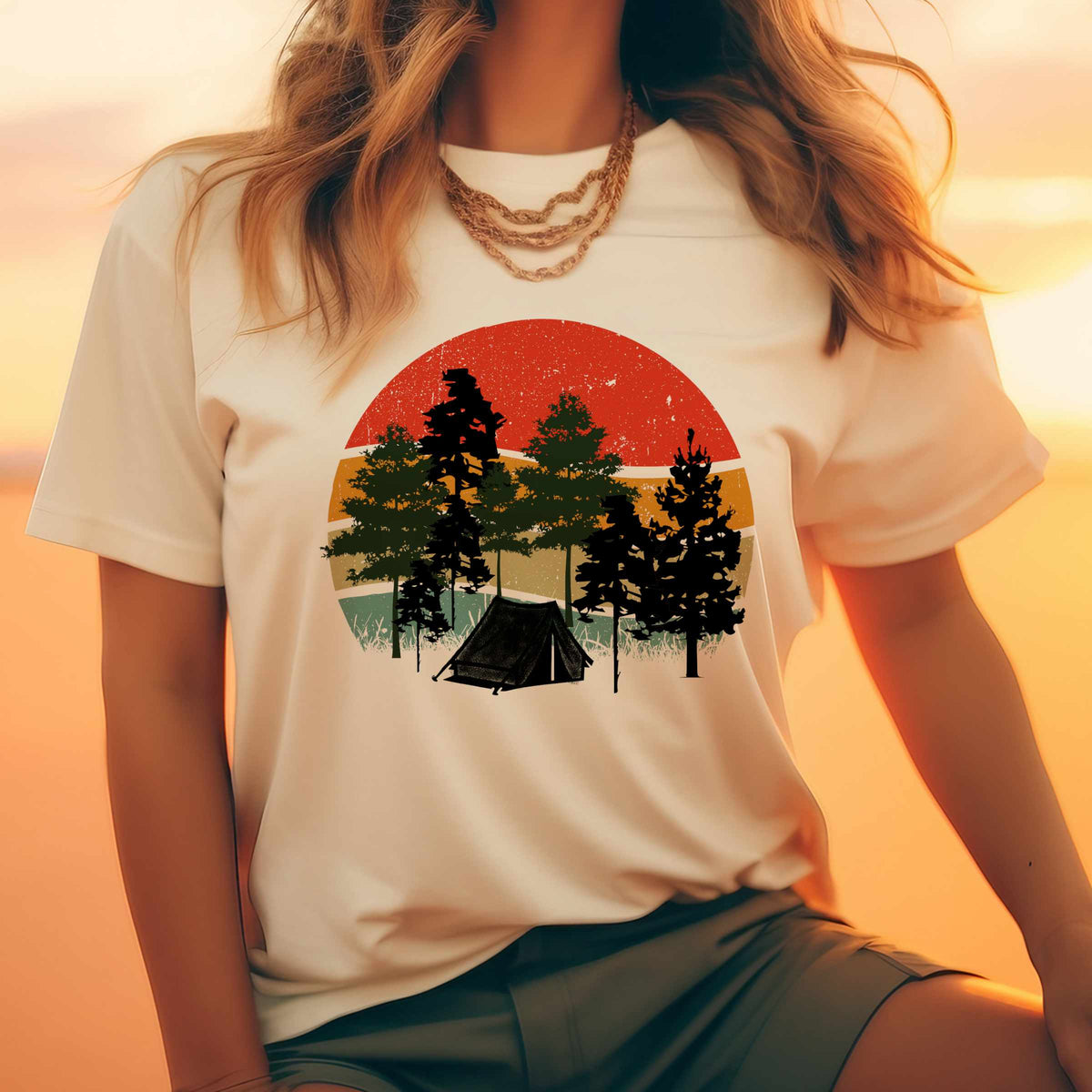 Retro Sunset Camping T-Shirt — Vintage Forest Tent Graphic Tee