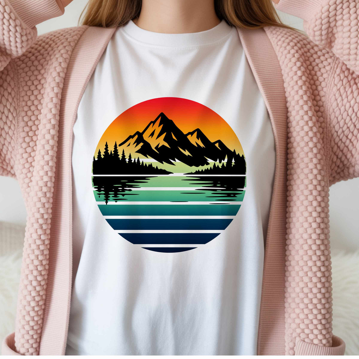 Sunset Mountain Lake Tee | Retro Landscape T-Shirt