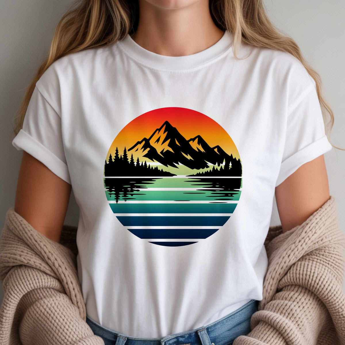 Sunset Mountain Lake Tee | Retro Landscape T-Shirt