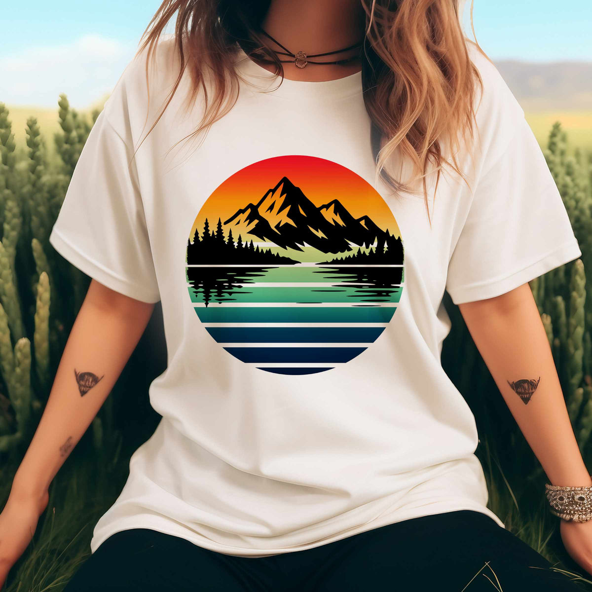 Sunset Mountain Lake Tee | Retro Landscape T-Shirt