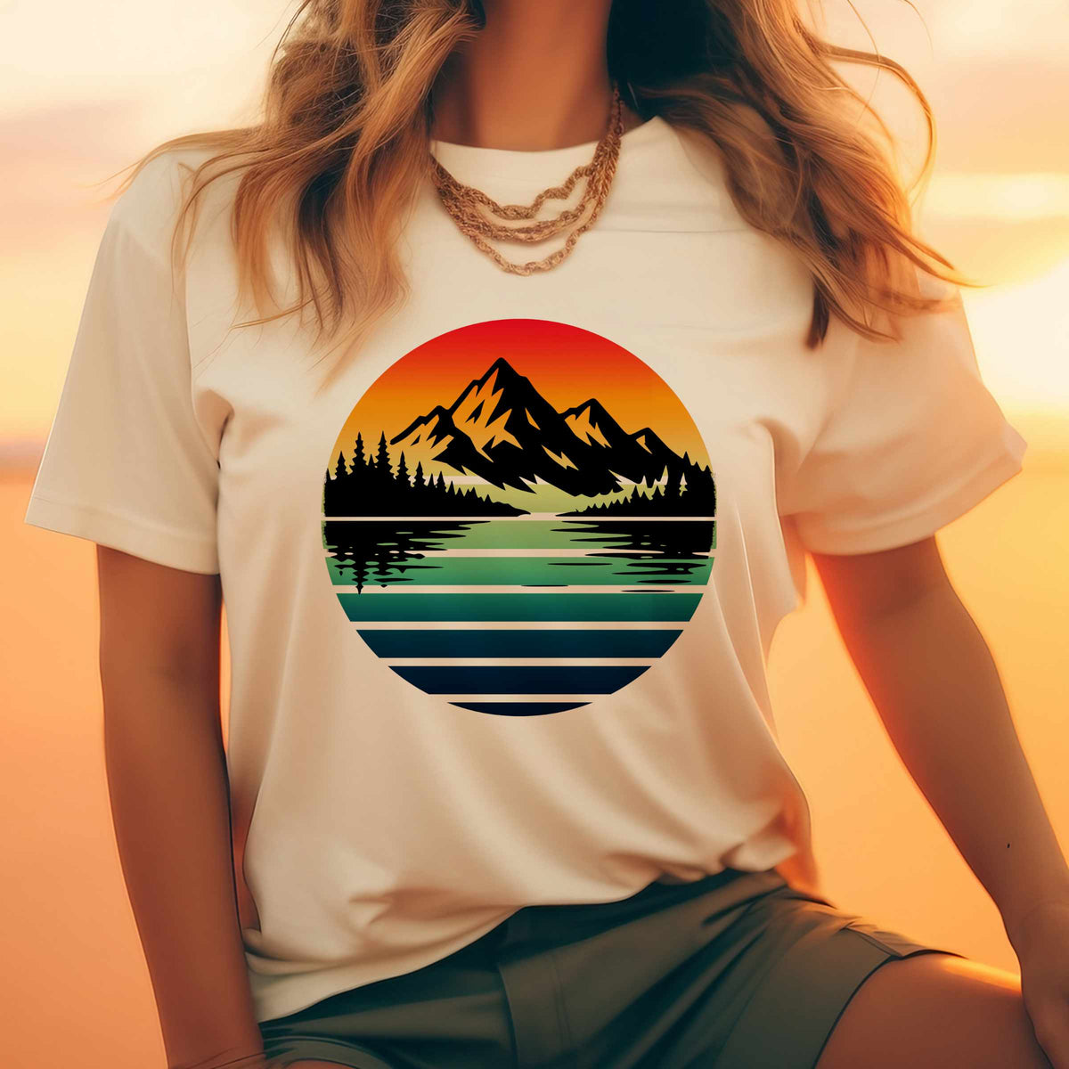 Sunset Mountain Lake Tee | Retro Landscape T-Shirt