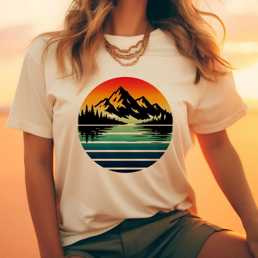 Sunset Mountain Lake Tee | Retro Landscape T-Shirt