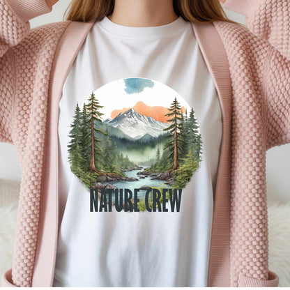 Mountain Lake Forest Nature Crew Tee | Scenic Outdoors Landscape T-Shirt
