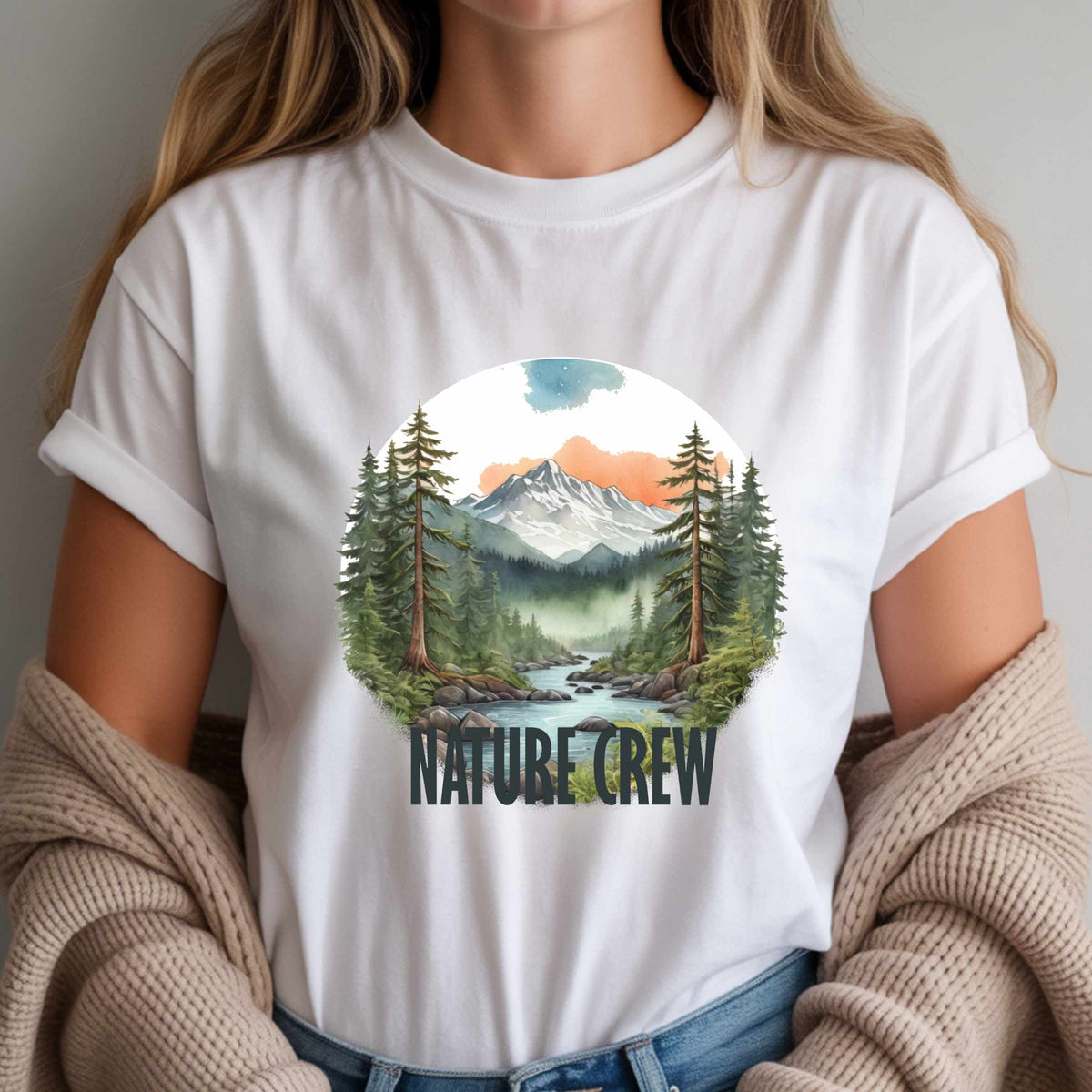 Mountain Lake Forest Nature Crew Tee | Scenic Outdoors Landscape T-Shirt