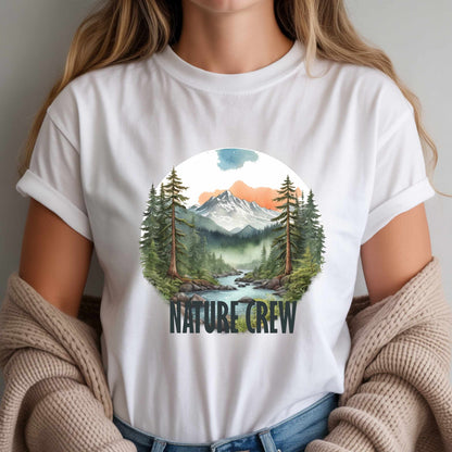 Mountain Lake Forest Nature Crew Tee | Scenic Outdoors Landscape T-Shirt