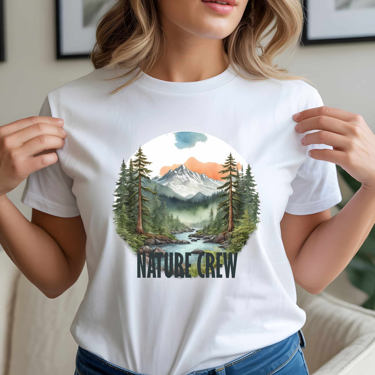 Mountain Lake Forest Nature Crew Tee | Scenic Outdoors Landscape T-Shirt