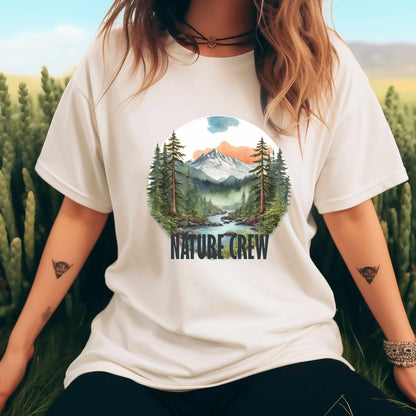 Mountain Lake Forest Nature Crew Tee | Scenic Outdoors Landscape T-Shirt