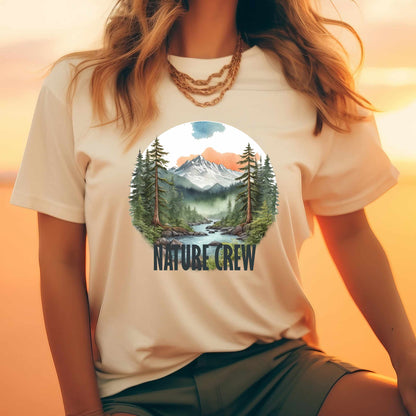Mountain Lake Forest Nature Crew Tee | Scenic Outdoors Landscape T-Shirt