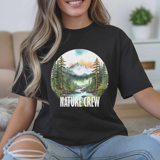 Mountain Lake Forest Nature Crew Tee | Scenic Outdoors Landscape T-Shirt