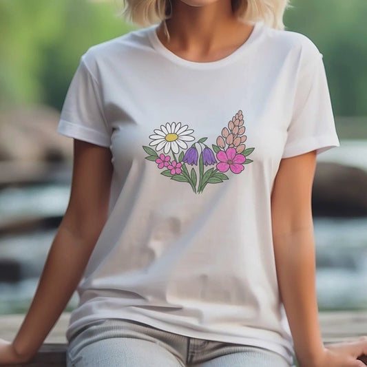 Daisy Bellflower Lupine Trio T-Shirt | Botanical Floral Art Tee