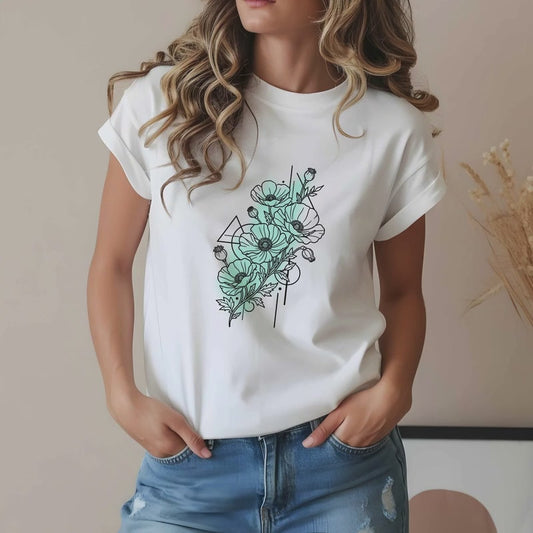Floral Line Art T-Shirt — Minimal Poppy Bouquet Graphic Tee