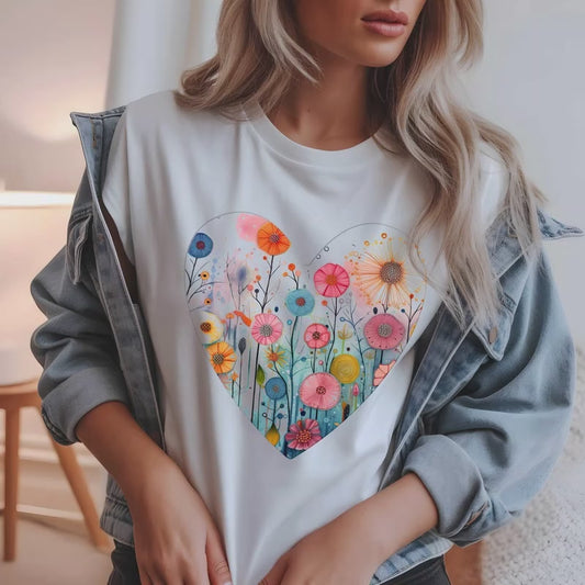 Floral Heart Tee | Watercolor Wildflower Heart Graphic T-Shirt