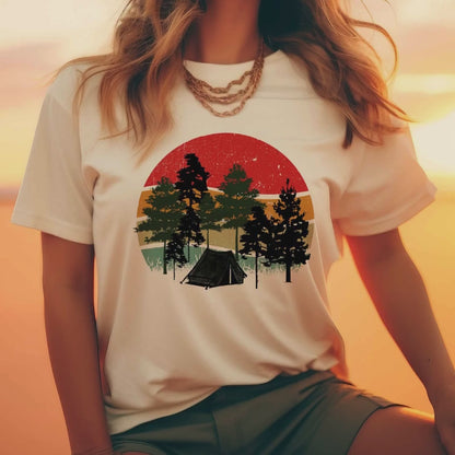 Retro Sunset Camping T-Shirt — Vintage Forest Tent Graphic Tee